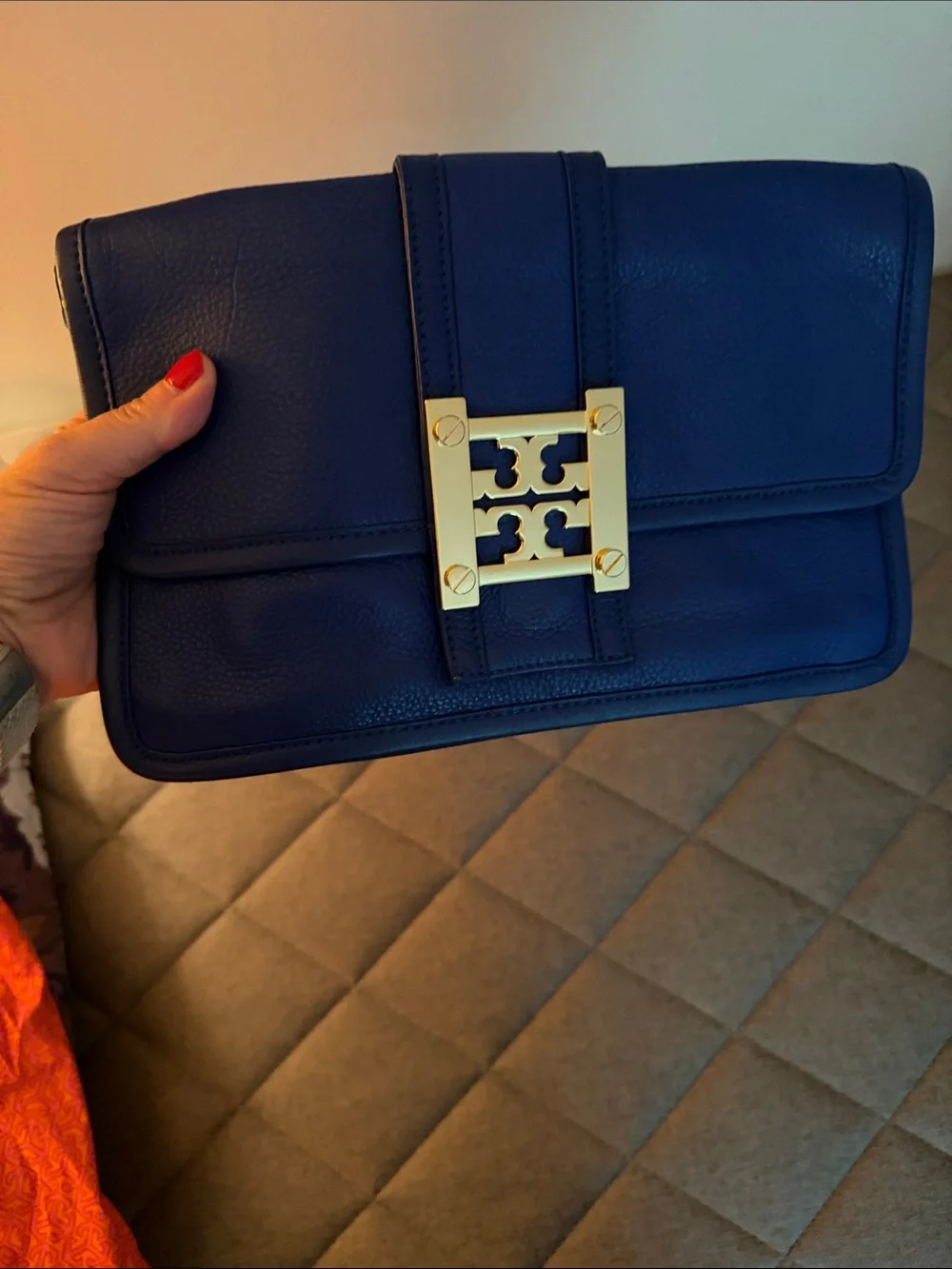 Tory Burch Royal Blue Leather Clutch with Gold Logo Hardware